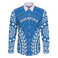 Custom Cook Islands Pukapuka Family Matching Off The Shoulder Long Sleeve Dress and Hawaiian Shirt Polynesian Tribal Tattoo LT05 Dad's Shirt - Long Sleeve Blue - Polynesian Pride