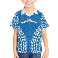 Custom Cook Islands Pukapuka Family Matching Off Shoulder Short Dress and Hawaiian Shirt Polynesian Tribal Tattoo LT05 Son's Shirt Blue - Polynesian Pride