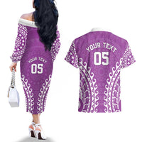 Custom Cook Islands Mangaia Couples Matching Off The Shoulder Long Sleeve Dress and Hawaiian Shirt Polynesian Tribal Tattoo LT05 - Polynesian Pride