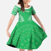 Custom Cook Islands Mitiaro Family Matching Off Shoulder Maxi Dress and Hawaiian Shirt Polynesian Tribal Tattoo LT05 Daughter's Dress Green - Polynesian Pride
