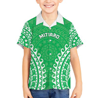 Custom Cook Islands Mitiaro Family Matching Off Shoulder Maxi Dress and Hawaiian Shirt Polynesian Tribal Tattoo LT05 Son's Shirt Green - Polynesian Pride