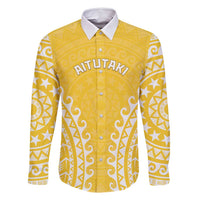 Custom Cook Islands Aitutaki Family Matching Off Shoulder Short Dress and Hawaiian Shirt Polynesian Tribal Tattoo LT05 Dad's Shirt - Long Sleeve Yellow - Polynesian Pride