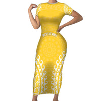 Custom Cook Islands Aitutaki Family Matching Short Sleeve Bodycon Dress and Hawaiian Shirt Polynesian Tribal Tattoo LT05 Mom's Dress Yellow - Polynesian Pride