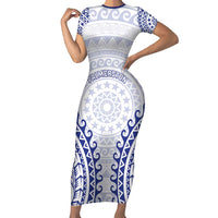Custom Cook Islands Palmerston Family Matching Short Sleeve Bodycon Dress and Hawaiian Shirt Polynesian Tribal Tattoo LT05 Mom's Dress Navy - Polynesian Pride