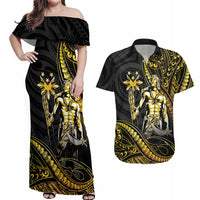 Filipinos Lapu Lapu Hero Couples Matching Off Shoulder Maxi Dress and Hawaiian Shirt Gold Polynesian Tribal Tattoo LT05 Gold - Polynesian Pride