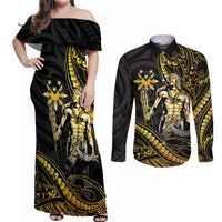 Filipinos Lapu Lapu Hero Couples Matching Off Shoulder Maxi Dress and Long Sleeve Button Shirt Gold Polynesian Tribal Tattoo LT05 Gold - Polynesian Pride
