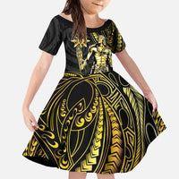 Filipinos Lapu Lapu Hero Family Matching Off Shoulder Short Dress and Hawaiian Shirt Gold Polynesian Tribal Tattoo LT05 Daughter's Dress Gold - Polynesian Pride