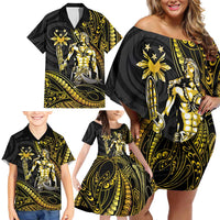 Filipinos Lapu Lapu Hero Family Matching Off Shoulder Short Dress and Hawaiian Shirt Gold Polynesian Tribal Tattoo LT05 - Polynesian Pride