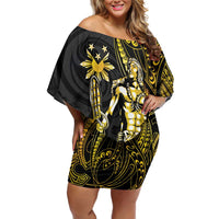 Filipinos Lapu Lapu Hero Family Matching Off Shoulder Short Dress and Hawaiian Shirt Gold Polynesian Tribal Tattoo LT05 Mom's Dress Gold - Polynesian Pride
