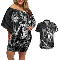 Filipinos Lapu Lapu Hero Couples Matching Off Shoulder Short Dress and Hawaiian Shirt Black Polynesian Tribal Tattoo LT05 Black - Polynesian Pride
