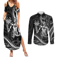Filipinos Lapu Lapu Hero Couples Matching Summer Maxi Dress and Long Sleeve Button Shirt Black Polynesian Tribal Tattoo LT05 Black - Polynesian Pride