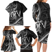 Filipinos Lapu Lapu Hero Family Matching Long Sleeve Bodycon Dress and Hawaiian Shirt Black Polynesian Tribal Tattoo LT05 - Polynesian Pride