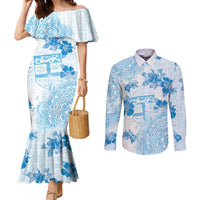 Happy Fiji Girmit Day Couples Matching Mermaid Dress and Long Sleeve Button Shirt Fijian Tapa With Mandala Pattern LT05 Blue - Polynesian Pride