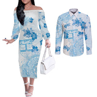Happy Fiji Girmit Day Couples Matching Off The Shoulder Long Sleeve Dress and Long Sleeve Button Shirt Fijian Tapa With Mandala Pattern LT05 Blue - Polynesian Pride