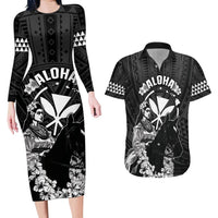 Hawaii King Kamehameha Day Parade Couples Matching Long Sleeve Bodycon Dress and Hawaiian Shirt With Pa'u Riders Plumeria Kakau Tribal Pattern LT05 Black - Polynesian Pride