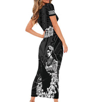 Hawaii King Kamehameha Day Parade Short Sleeve Bodycon Dress With Pa'u Riders Plumeria Kakau Tribal Pattern