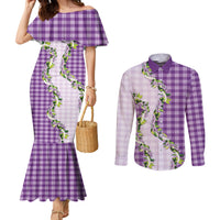 Violet Hawaii Palaka Couples Matching Mermaid Dress and Long Sleeve Button Shirt Maile Pikake Honohono Orchid Lei LT05 Violet - Polynesian Pride