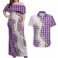 Violet Hawaii Palaka Couples Matching Off Shoulder Maxi Dress and Hawaiian Shirt Maile Pikake Honohono Orchid Lei LT05 Violet - Polynesian Pride