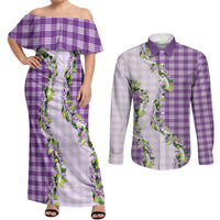 Violet Hawaii Palaka Couples Matching Off Shoulder Maxi Dress and Long Sleeve Button Shirt Maile Pikake Honohono Orchid Lei LT05 Violet - Polynesian Pride