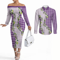 Violet Hawaii Palaka Couples Matching Off The Shoulder Long Sleeve Dress and Long Sleeve Button Shirt Maile Pikake Honohono Orchid Lei LT05 Violet - Polynesian Pride
