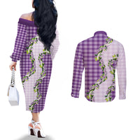 Violet Hawaii Palaka Couples Matching Off The Shoulder Long Sleeve Dress and Long Sleeve Button Shirt Maile Pikake Honohono Orchid Lei LT05 - Polynesian Pride