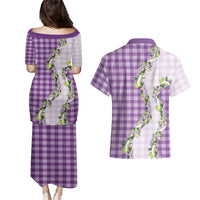 Violet Hawaii Palaka Couples Matching Puletasi and Hawaiian Shirt Maile Pikake Honohono Orchid Lei LT05 - Polynesian Pride