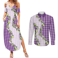 Violet Hawaii Palaka Couples Matching Summer Maxi Dress and Long Sleeve Button Shirt Maile Pikake Honohono Orchid Lei LT05 Violet - Polynesian Pride