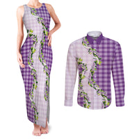 Violet Hawaii Palaka Couples Matching Tank Maxi Dress and Long Sleeve Button Shirt Maile Pikake Honohono Orchid Lei LT05 Violet - Polynesian Pride