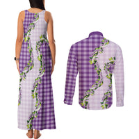 Violet Hawaii Palaka Couples Matching Tank Maxi Dress and Long Sleeve Button Shirt Maile Pikake Honohono Orchid Lei LT05 - Polynesian Pride