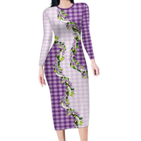 Violet Hawaii Palaka Long Sleeve Bodycon Dress Maile Pikake Honohono Orchid Lei