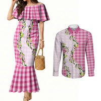 Pink Hawaii Palaka Couples Matching Mermaid Dress and Long Sleeve Button Shirt Maile Pikake Honohono Orchid Lei LT05 Pink - Polynesian Pride