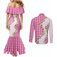 Pink Hawaii Palaka Couples Matching Mermaid Dress and Long Sleeve Button Shirt Maile Pikake Honohono Orchid Lei LT05 - Polynesian Pride