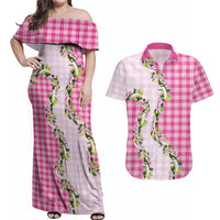 Pink Hawaii Palaka Couples Matching Off Shoulder Maxi Dress and Hawaiian Shirt Maile Pikake Honohono Orchid Lei LT05 Pink - Polynesian Pride