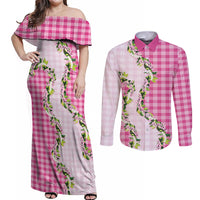 Pink Hawaii Palaka Couples Matching Off Shoulder Maxi Dress and Long Sleeve Button Shirt Maile Pikake Honohono Orchid Lei LT05 Pink - Polynesian Pride
