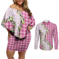 Pink Hawaii Palaka Couples Matching Off Shoulder Short Dress and Long Sleeve Button Shirt Maile Pikake Honohono Orchid Lei LT05 Pink - Polynesian Pride