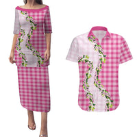 Pink Hawaii Palaka Couples Matching Puletasi and Hawaiian Shirt Maile Pikake Honohono Orchid Lei