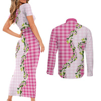 Pink Hawaii Palaka Couples Matching Short Sleeve Bodycon Dress and Long Sleeve Button Shirt Maile Pikake Honohono Orchid Lei LT05 - Polynesian Pride