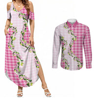 Pink Hawaii Palaka Couples Matching Summer Maxi Dress and Long Sleeve Button Shirt Maile Pikake Honohono Orchid Lei LT05 Pink - Polynesian Pride