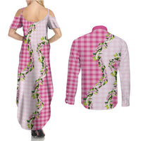 Pink Hawaii Palaka Couples Matching Summer Maxi Dress and Long Sleeve Button Shirt Maile Pikake Honohono Orchid Lei
