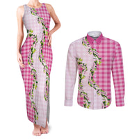 Pink Hawaii Palaka Couples Matching Tank Maxi Dress and Long Sleeve Button Shirt Maile Pikake Honohono Orchid Lei LT05 Pink - Polynesian Pride
