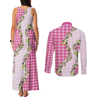 Pink Hawaii Palaka Couples Matching Tank Maxi Dress and Long Sleeve Button Shirt Maile Pikake Honohono Orchid Lei LT05 - Polynesian Pride