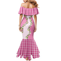 Pink Hawaii Palaka Mermaid Dress Maile Pikake Honohono Orchid Lei