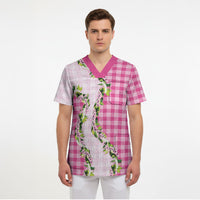 Pink Hawaii Palaka Scrub Top Maile Pikake Honohono Orchid Lei