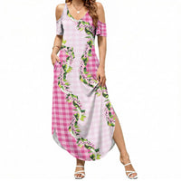 Pink Hawaii Palaka Summer Maxi Dress Maile Pikake Honohono Orchid Lei LT05 Women Pink - Polynesian Pride