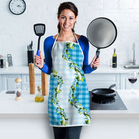 Blue Hawaii Palaka Apron Maile Pikake Honohono Orchid Lei