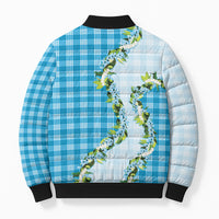 Blue Hawaii Palaka Bomber Puffer Jacket Maile Pikake Honohono Orchid Lei