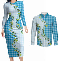 Blue Hawaii Palaka Couples Matching Long Sleeve Bodycon Dress and Long Sleeve Button Shirt Maile Pikake Honohono Orchid Lei LT05 Blue - Polynesian Pride