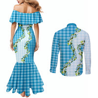 Blue Hawaii Palaka Couples Matching Mermaid Dress and Long Sleeve Button Shirt Maile Pikake Honohono Orchid Lei