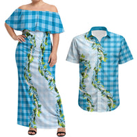 Blue Hawaii Palaka Couples Matching Off Shoulder Maxi Dress and Hawaiian Shirt Maile Pikake Honohono Orchid Lei LT05 Blue - Polynesian Pride