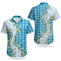 Blue Hawaii Palaka Couples Matching Off Shoulder Maxi Dress and Hawaiian Shirt Maile Pikake Honohono Orchid Lei LT05 - Polynesian Pride